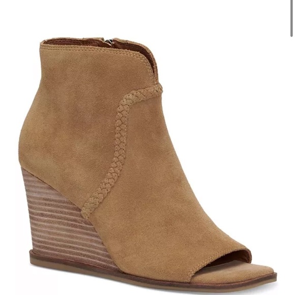 Lucky Brand Lureli Peep-Toe Wedge Booties suede tan size 10 new - Picture 3 of 3